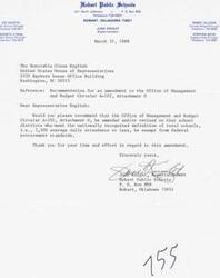 ["Glenn English, a member of Congress from Oklahoma, addresses concerns about the Executive Order issued by the Office of Management and Budget regarding the \"debarment and suspension\" rule. He assures the recipient that he has questioned federal officials about its application and supports efforts to eliminate waste but opposes any interference with citizens' First Amendment rights. He informs the recipient that the order has been redrafted and he will closely monitor its enforcement."]