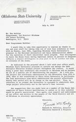 ["The document is a thank you note from Kenneth H. McKinley, the Director of Education Research & Projects at Oklahoma State University, to Congressman Glen English for discussing OSU's application for a role in the Aerospace Education Service Project with him. McKinley expresses appreciation for any support the congressman can provide and promises to keep him updated on future developments."]