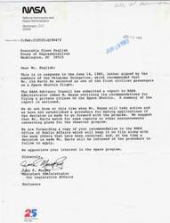 ["The document  consists of two letters, one from Rex Flottman to Congressman Glenn English expressing support for the United States space program and the importance of continuing it despite recent tragedies, and another from Congressman Glenn English in response to Rex Flottman's letter, thanking him for his support and assuring that the space program will continue after a thorough investigation."]