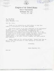 ["Glenn English, a member of Congress from Oklahoma, is writing to NASA regarding funding for the Mars Observer. He has received correspondence from Rev. Keith Ellerbrock expressing concerns about the future of the Mars Observer and the space program. English is requesting that NASA officials give Rev. Ellerbrock's comments serious consideration."]