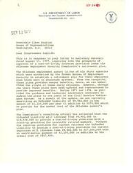 ["The document is from Congressman Glenn English regarding a proposal from the Oklahoma Employment Security Commission to include a cost-of-living increase provision in its retirement plan. The proposal was not approved by the United States Department of Labor due to limited funds. The congressman assures that all alternatives have been considered and offers assistance with any other matters of concern."]
