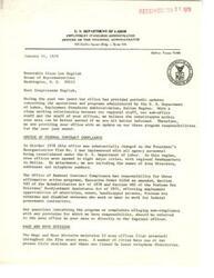 ["The document from Bill A. Belt, Regional Administrator of the United States Department of Labor's Employment Standards Administration in Dallas, is addressed to Congressman Glenn Lee English, seeking feedback on the timeliness and quality of government services. It provides updates on the three programs the office is responsible for: Federal Contract Compliance, Wage and Hour Division, and Workers' Compensation Program. Personnel changes are highlighted, and contact information for Area Directors is included for reference. The document emphasizes a commitment to improving service and invites feedback from congressional offices."]