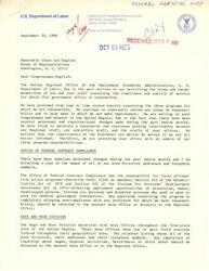 ["The document is from the United States Department of Labor addressing difficulties in reaching the Dallas Office of Workers' Compensation Programs. They provide a special arrangement for Congressional inquiries and give contact information for their liaison person. They encourage using the provided telephone numbers for quicker responses and less paperwork. They apologize for any inconvenience and offer further assistance if needed."]