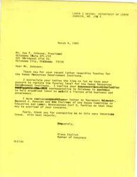 ["Congressman Glenn English received a letter from Secretary of Labor Raymond Donovan regarding the funding for the Human Resources Development Institute (HRDI). Donovan has decided to fund HRDI at the requested level of $1.4 million for the remainder of Fiscal Year 1983. Congressman English is pleased with this decision and encourages Mr. Joe Johnson, President of the Oklahoma State AFL-CIO, to contact him in the future with any other issues of interest or concern."]