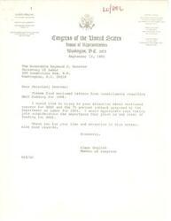 ["The document is from Congressman Glenn English in response to a resolution from the Disabled American Veterans regarding funding for the Human Resources Development Institute program in FY84. The resolution expresses concern over proposed cutbacks to the program and urges Congress to provide full funding to prevent its termination in Oklahoma and other states. Congressman English indicates that he shares this concern and has contacted the Secretary of Labor on behalf of the veterans."]