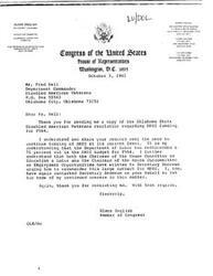 ["Glenn English, a member of Congress from Oklahoma, wrote a letter to the Secretary of Labor expressing concern about proposed cutbacks to the Human Resources Development Institute program for 1984. The document was prompted by a resolution passed by the Disabled American Veterans in Oklahoma, requesting full funding for the program to support training programs for disabled veterans and the handicapped. The resolution also called for copies to be sent to the Oklahoma Congressional Delegation and the Secretary of Labor."]