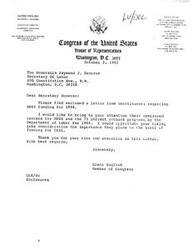 ["Glenn English, a member of Congress, received a resolution from the Disabled American Veterans regarding funding for the Human Resources Development Institute (HRDI) for FY84. The resolution expressed concern over potential cutbacks in the HRDI budget, which would affect programs assisting disabled veterans and the handicapped in gaining employment. The resolution requested full funding for the HRDI program to prevent its termination in Oklahoma and other states. Glenn English acknowledged the resolution and expressed his support for maintaining current funding levels for HRDI."]