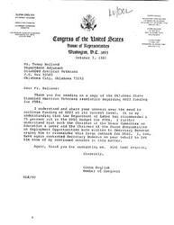 ["The document  is a series of letters and contact information regarding funding cuts to the Human Resources Development Institute (HRDI) program in Oklahoma. Various organizations and individuals express their concerns about the potential elimination of the HRDI program and urge Congressman Glenn English to continue funding it. They highlight the program's effectiveness in providing services and assistance to residents, especially veterans and the handicapped, and emphasize the importance of federal funding for HRDI."]