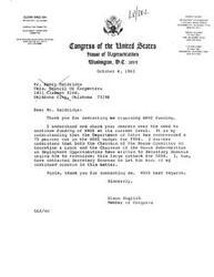 ["The document  includes a letter from Congressman Glenn English responding to concerns about proposed budget cuts to HRDI funding. The document expresses support for maintaining funding levels and mentions efforts to urge Secretary Donovan to reconsider the cutback. Additionally, there is a letter from the President of the Central Oklahoma AFL-CIO Labor Council expressing concerns about the impact of the proposed budget cuts on organized labor's ability to assist jobless and disadvantaged individuals. The document requests full funding for HRDI for FY84."]