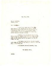 ["The document consists of a series of letters between Lev Cox and an unknown recipient regarding a fund distributed by the Federal Land Bank in 1918 for seed wheat. Lev Cox is seeking information on the distribution of the fund and the recipient assures him that efforts are being made to address the issue through Congress. The recipient also mentions the dry weather in Lev's area and updates him on a letter from the Treasury Department regarding a claim by Mrs. L. B. Cullen. The recipient instructs Lev to write to Mr. Lobdell regarding the claim."]