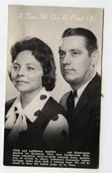 ["Fred R. and LaDonna Harris meets with American Indians (many in traditional dress) at the Shawnee Airport"]