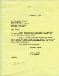 ["The letter from Fred R. Harris to Virgil Harrington of the Bureau of Indian Affairs requests the rehiring of Brent Moffer, a Conservation Technician who was terminated due to a shortage of funds. Barbor Cox also wants Moffer to be rehired on a full-time basis and suggests contacting Harrington personally to discuss the matter. Moffer had served in the Navy and was under the impression he would be given a permanent job. The memo includes details of Moffet's termination and attempts to contact him."]
