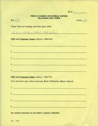 ["The document provides information about the Fred R. Harris Senatorial Papers, specifically focusing on Indian Affairs and Education. The folder contains documents related to VIPS and Corporate Names, with specific attention to authors. The folder is labeled as OU - 916."]