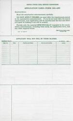 ["This text provides instructions for filling out an application card for the United States Civil Service Commission. It emphasizes the importance of meeting all requirements stated in the examination announcement and only providing the specific information requested. The application must be typed or printed in ink and all items inside the heavy lines on the card must be completed. It also includes sections for examination record, register card, and pending record card."]