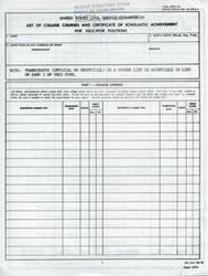 ["This text outlines the requirements and procedures for college students and graduates applying for educator positions with the United States Civil Service Commission. It includes information on listing college courses, scholastic achievement, and test scores needed for qualification. Applicants must complete a form with their personal information, college courses, and scholastic achievements, and submit it to the Teacher Recruitment Office in Albuquerque, New Mexico."]