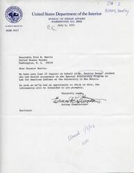 ["The letter is a response to Senator Harris regarding a student named Bentley Beams who was denied acceptance into a Special Scholarship Program in Law for American Indians at the University of New Mexico. The letter expresses concern and promises to provide more information once the matter is checked. Senator Harris had inquired on behalf of Mr. Beams, who had previously written a letter expressing disappointment over the denial. The University of New Mexico School of Law had received over 150 applicants for the program but could only accept 35, leading to the denial of Ms. Amelia A. Coleman, the student in question. The letter also mentions the possibility of financial assistance if Ms. Coleman is accepted at another law school for the fall semester. Ms. Coleman's resume details her educational background, career goals, and employment history."]