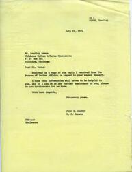 ["The document is a letter from Senator Fred R. Harris to Mr. Bentley Beams regarding a reply received from the Bureau of Indian Affairs in relation to Miss Amelia A. Coleman's application for a Special Scholarship Program in Law for American Indians at the University of New Mexico. The Bureau stated that Miss Coleman, who is one-eighth degree Choctaw, did not meet the blood quantum requirement for eligibility. They suggested alternative financial aid opportunities and programs she could apply for. Additionally, a letter from the University of New Mexico School of Law to Miss Coleman informed her that she was not accepted for the summer session of the program, but may receive financial assistance if accepted at another law school. Miss Coleman's educational and career background is also provided in The document."]