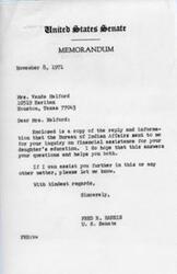 ["The document is a series of letters between Mrs. Vanda Halford, Senator Fred R. Harris, and the Bureau of Indian Affairs regarding financial assistance for Mrs. Halford's daughter's education. Senator Harris reached out to the Bureau of Indian Affairs to inquire about scholarships and financial aid for Mrs. Halford's daughter, who is a member of the Iowa tribe of Kansas and Nebraska. The Bureau of Indian Affairs provided information on available scholarships and educational aids for Indian youth and suggested contacting the Bureau of Health Manpower Education for additional assistance. Senator Harris also received a letter from the Inter-Tribal Council of the Five Civilized Tribes opposing an amendment to a Senate bill."]
