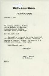 ["The document consists of correspondence between Senator Fred R. Harris and Mr. Gregory LaVallie, Chairman of the Turtle Mountain Tribal Council, regarding an Adult Education Proposal for the Turtle Mountain Band of Chippewa Indians. The Bureau of Indian Affairs has provided funding for the program, which includes services for academic and practical knowledge, counseling, community information, and testing. Senator Harris expresses his support for the proposal and indicates that funding is contingent on availability."]