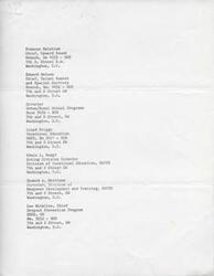 ["The document lists the names and titles of various individuals and their respective branches or programs related to education and vocational training in Washington, D.C. This includes individuals such as Frances Halstrom, Edward Watson, Lloyd Briggs, Edwin L. Rumpf, Howard A. Matthews, and Lee Wickline."]