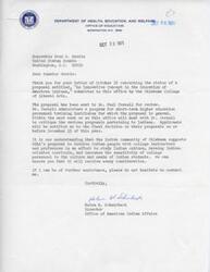 ["The letter is from the Office of American Indian Affairs in response to Senator Harris' inquiry about a proposal for an innovative concept in the education of American Indians submitted by the Oklahoma College of Liberal Arts. The proposal is being reviewed and considered for funding by Dr. Paul Carnell, who administers a program for short-term higher education personnel training institutes. The Indian community of Oklahoma supports the proposal, which aims to involve Indian people with college instructors and professors to study Indian culture and develop Indian-oriented curricula. Applicants will be notified of the final decision by December 15. The director of the Office of American Indian Affairs, Helen M. Scheirbeck, offers further assistance if needed."]