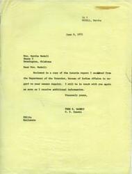["Mrs. Bertha Medell received an interim report from the Department of the Interior, Bureau of Indian Affairs in response to her inquiry. Fred R. Harris, a U.S. Senator, informed her that he will be in touch with her again once he receives more information."]