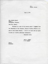 ["Mrs. Bertha Medell received an interim report from the Department of the Interior, Bureau of Indian Affairs in response to her inquiry. Senator Fred R. Harris will provide further information to her once he receives additional details."]