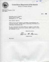 ["The document is a letter from the United States Department of the Interior, Bureau of Indian Affairs, in response to an inquiry from Senator Fred R. Harris regarding scholarship aid for Mrs. Bertha Medell. The department has requested information from their field office and will forward it to the Senator once received."]