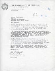 ["The letter is from Peter O'Boyle, an Assistant Professor of Art Education at the University of Arizona, requesting help from Senator Fred Harris in obtaining federal funding for a study on art instruction for Indian students. O'Boyle believes that there is a need for improvement in Indian education to preserve their culture while also enabling them to integrate into mainstream society. He hopes to compare the values of teachers and students to determine the impact on art education for Indian students."]