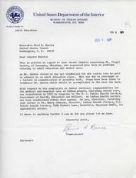 ["The Bureau of Indian Affairs received a letter from Senator Harris regarding issues with adult education and dental care for Mr. Virgil Queton. Steps have been taken to reimburse Mr. Queton for his course fees, and the responsibility for dental care for Indian people has been transferred to the U.S. Public Health Service. The letter has been referred to the Director of the Indian Health Service for further action."]