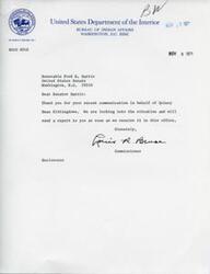 ["The Bureau of Indian Affairs is investigating a situation on behalf of Quincy Dean Sittingdown in response to a communication from Senator Fred R. Harris. A report will be sent to the Senator once the investigation is completed. The letter is signed by Commissioner Louis R. Bruse."]