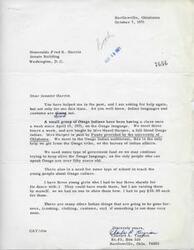 ["A letter written to Senator Fred R. Harris from Charles A. Taylon in Bartlesville, Oklahoma, requesting government funding to help preserve the Osage language and culture. Taylon explains that a small group of Osage Indians are learning the language with limited resources and support, and expresses a need for a school to teach young people about Osage culture. Taylon also mentions the importance of preserving other aspects of Osage traditions before they are lost forever."]