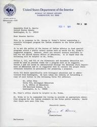 ["The letter from the Bureau of Indian Affairs responds to a request for funding for a bilingual program for Indian students in Tulsa public schools. The Bureau states that it is not their policy to fund such programs, but suggests that the United States Office of Education may be able to provide funding through Titles I, III, and VII of the Elementary and Secondary Education Act. The letter encourages Dr. Truka to contact the Oklahoma State Department of Education and Dr. Albar Pina at the U.S. Office of Education for assistance. The Commissioner commends Dr. Truka for his efforts to improve education for Indian students."]