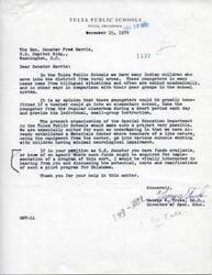 ["The Director of Special Education in Tulsa Public Schools is reaching out to Senator Fred Harris to propose a pilot program to provide individualized instruction to Indian children who are behind academically. The program would involve taking children out of regular classrooms for small group instruction and could be implemented with the resources already available in the school system. The Director is seeking funding or assistance from Senator Harris to support this program."]