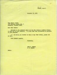 ["The sender, Fred R. Harris, has enclosed material from the Bureau of Indian Affairs to help Sherri Wender with her research. He hopes the information is suitable and offers further assistance if needed. The letter is dated November 17, 1971, and is addressed to Miss Wender in Evanston, Illinois."]