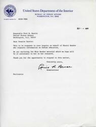 ["The United States Department of the Interior, Bureau of Indian Affairs, responded to an inquiry from Senator Fred R. Harris regarding Indian education on behalf of Sherri Wender. They provided materials to assist with research and thanked the Senator for the opportunity to respond."]