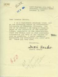 ["Sherri Wender, a registered Oklahoma voter attending Northwestern University in Evanston, Illinois, is requesting information from Senator Harris for a research paper on the education of American Indians, specifically on reservations. She asks for any available information on the subject and expresses appreciation for any assistance provided."]