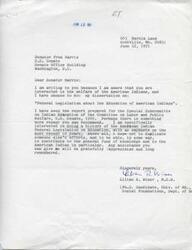 ["Lilian R. Winer, a Ph.D. candidate at the University of Maryland, is writing to Senator Fred Harris to request assistance with her dissertation on federal legislation about the education of American Indians. She is specifically interested in the history of American Indian federal legislation on education in the past 10 years and hopes to contribute to the general fund of knowledge on the topic."]