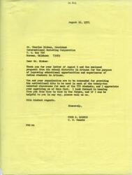 ["The document is a correspondence between Charles Bisbee of International Marketing Corporation and Senator Fred Harris regarding a proposal to improve educational opportunities for Indian students in Arizona. The proposal includes providing motivational kits to classrooms, focusing on improving reading skills, increasing awareness of Indian cultures, and involving teachers, students, and parents in school programs. The proposal has been approved for funding and aims to address the needs of Indian students by improving teacher understanding, student motivation, and academic achievement."]