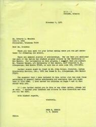 ["The letter is a response to Ms. Roberta Goulden's inquiry about scholarships for attending law school. Senator Fred R. Harris provides her with information on sources of scholarships, including the Indian law student program at the University of New Mexico and the Indian Scholarship Service, Inc. He also includes a pamphlet with information on general Indian scholarship aid. Senator Harris encourages Ms. Goulden in her pursuit of a legal career and offers further assistance if needed."]