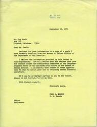 ["The letter is a response from Senator Fred Harris to Mr. Jay Gould regarding his inquiry about obtaining financial assistance for his son's education. The Bureau of Indian Affairs advises George Jay Gould to contact either the Scholarship Committee of the Cheyenne-Arapahoe Tribe or the Anadarko Area Office for potential funding. The letter provides information on how to apply for scholarships and grants for Native American college students. Senator Harris assures Mr. Gould of his willingness to further assist if needed."]