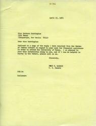 ["The document includes correspondence between Miss Barbara Harrington and Senator Fred R. Harris regarding her request for financial assistance to attend the University of Tulsa. The Bureau of Indian Affairs has been contacted and it appears that Miss Harrington's application for financial aid is in order. She has been advised to request a financial need analysis from the University of Tulsa. Senator Harris is impressed with Miss Harrington's academic achievements and her desire to offer legal assistance to Indigenous peoples. He has contacted the BIA on her behalf and offers to assist her in any way possible. Miss Harrington expresses her gratitude for the support and requests a reference letter from Senator Harris for her BIA grant application. She plans to attend law school and hopes to provide legal assistance to Indigenous communities in the future."]