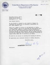 ["Katie Hawkins wrote to Senator Fred R. Harris inquiring about scholarships for her son to attend college and pursue a degree in engineering. The Bureau of Indian Affairs responded, providing information on available sources of aid for Indian college students and directing further questions to area or agency offices. Hawkins expressed gratitude for the help received in the past and emphasized the financial difficulties her son faces. The Bureau wished her son success in securing the training he desires."]