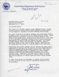 ["Mrs. Magdalene Scott contacted the Bureau of Indian Affairs for assistance for her daughter's college education. After a reevaluation of their financial status, a grant of $524 per semester was awarded. However, the daughter was not assisted for summer school expenses. Senator Fred R. Harris was involved in the process and requested a complete report on the matter. The issue was resolved, and Mrs. Scott agreed to the level of Bureau support provided."]