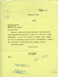 ["Shirley Sweatt wrote to Senator Fred Harris asking for help in establishing her Cherokee Indian background to determine her eligibility for college scholarships. Senator Harris forwarded her letter to the Bureau of Indian Affairs, who responded that Sweatt would need to prove her relationship to the Cherokee Nation of Oklahoma or the Eastern Band of Cherokee Indians and possess at least one-fourth degree Indian blood to be eligible for scholarship assistance. They recommended contacting the National Archives for more information on her Indian ancestry."]