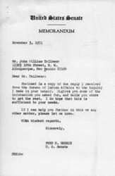 ["John William Tallbear, a member of the Cheyenne-Arapaho tribes living in Albuquerque, New Mexico, wrote a letter to Senator Fred R. Harris seeking assistance in obtaining funds for a college education. Senator Harris contacted the Bureau of Indian Affairs on Tallbear's behalf, and they suggested he speak with the Bureau Scholarships Officer in Albuquerque for assistance. The Bureau also provided information about funds awarded to the Cheyenne-Arapaho Tribes for land taken from them, which has been distributed according to special legislation. Senator Harris expressed his continued interest in helping Indian youth and provided Tallbear with the information from the Bureau."]