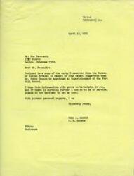 ["The document is from Senator Fred Harris' administrative assistant, Jim Monroe, responding to a letter from the Half Moon Staff at Riverdale Junior High School who wanted to donate $135 from a cake sale to a school on an Indian reservation. The Americans For Indian Opportunity recommended the donation be sent to the Rough Rock Demonstration School on a Navaho Indian Reservation. The document assures that Senator Harris will read the letter upon his return. Another letter enclosed in The document is from the United States Department of the Interior, Bureau of Indian Affairs, responding to a program review conducted at Fort Sill Indian School in Lawton, Oklahoma, and informing that some alterations are in order. Senator Harris also sent a letter to Tom Howery, a teacher at Fort Sill School, thanking him for his support and assuring that any action taken will be in the best interests of the education program."]