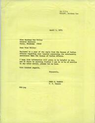["The document from Senator Fred Harris to the Director of the Chautauqua-Cattaraugus Library System includes information and resources from the Bureau of Indian Affairs to assist in serving the needs of the Seneca Indians. The Bureau provided reading lists, addresses of sources for Indian books and materials, and information on a periodical focusing on Indian history and culture. The library director expressed interest in receiving reports or monographs on Indian education and culture to better serve the Senecas."]