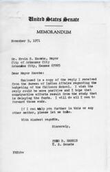 ["The document  includes letters from Senator Fred Harris to Mrs. June Z. Stagner and Mr. Louis R. Bruce regarding support for legislation to further Indian education and the urgent need for planning funds for schools on Indian reservations. Senator Harris expresses his support for legislation and promises to give careful attention to the issue. He also inquires about expediting the request for planning funds for the Ramah Navajo School in New Mexico."]