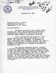 ["The letter from J. Edgar Hoover of the Federal Bureau of Investigation to Senator Fred R. Harris discusses an investigation conducted at the Chilocco Indian School in Oklahoma. The investigation was based on an assault on a Bureau of Indian Affairs officer by students at the school. The Assistant United States Attorney declined to prosecute the case, suggesting that the school administration handle it. A group of adults later demanded that the officer be terminated and the suspended students reinstated."]